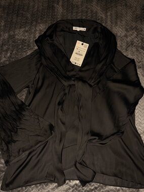 Zara Black Satin Tie-Neck Blouse
